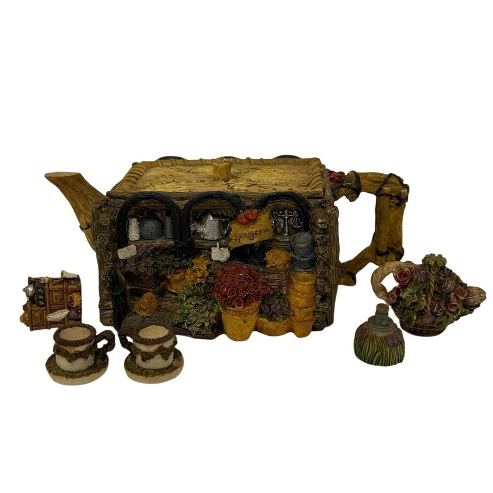 Vintage 90s Miniature Cottage Teapot Scene Trinket Box Tea Set Decor